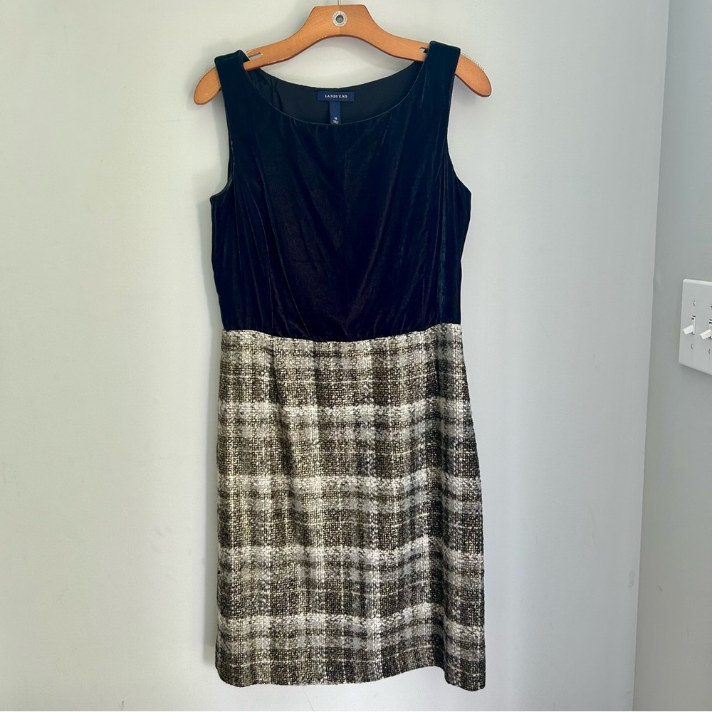 Lands' End Velour Boucle Tweed Plaid Black Brown Gold Dress 10